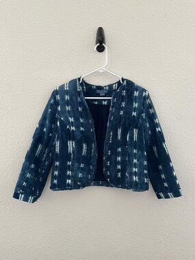 Anthropologie Lil Open Front Jacket M Blue Ikat Pattern Cotton Raw Edge Indigo